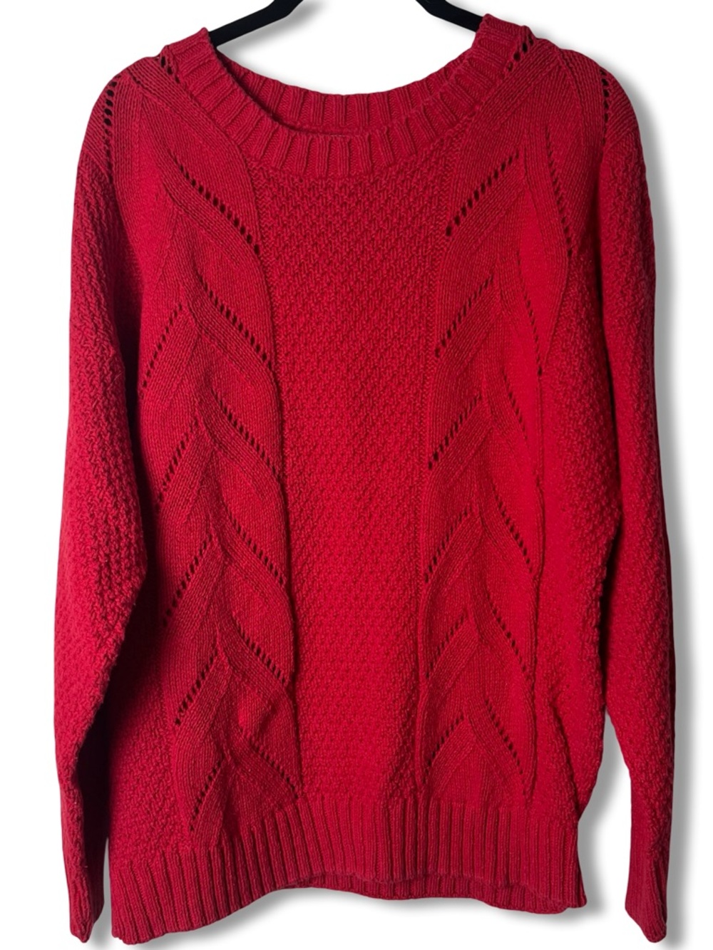 VTG 70s Cuddle Knit Red Cotton Cable Pointelle Crewneck Sweater Made USA